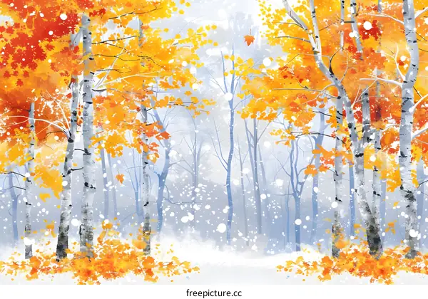 Autumn Leaves Falling In A Snowy Forest