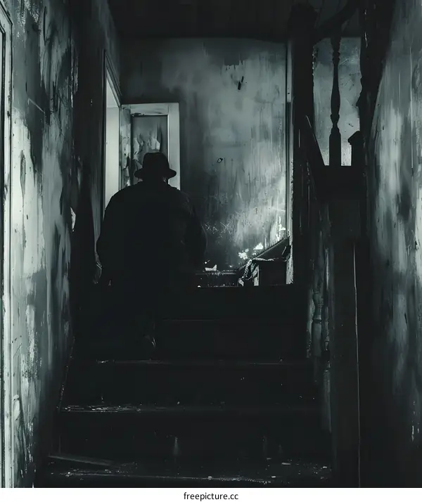 Man in a hat at the bottom of a dark staircase