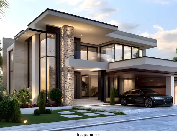 Modern Luxury Home with Large Windows and Stone Accents