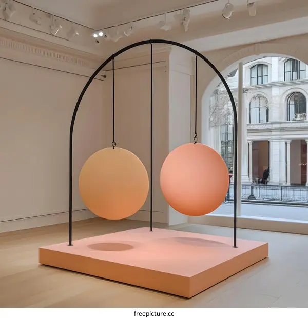 Modern Art Installation With Two Circular Panels Hanging From A Black Metal Frame
