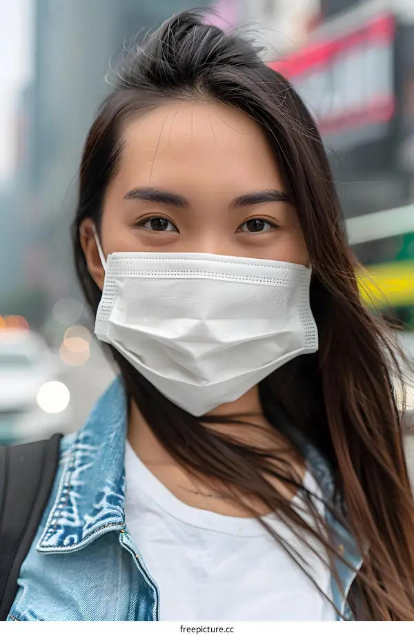 Young Asian Woman Wearing a Face Mask in the City