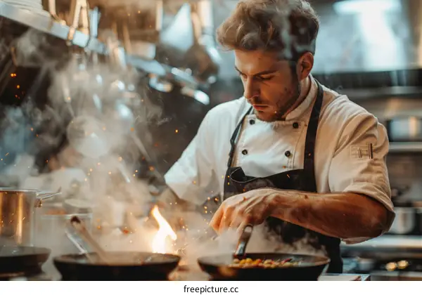 Focused male chef sauteing vegetables in a pan over high flame in commercial kitchen
