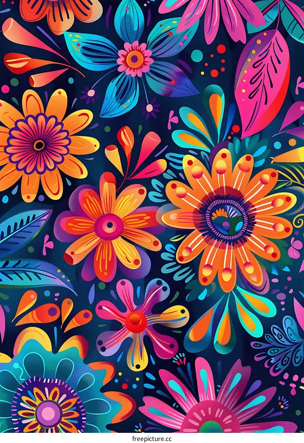 Colorful Floral Pattern with Vibrant Hues and Detailed Design