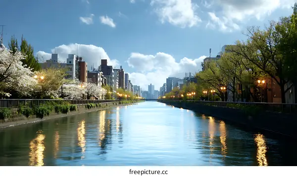 Japanese Canal Scenic View in Spring