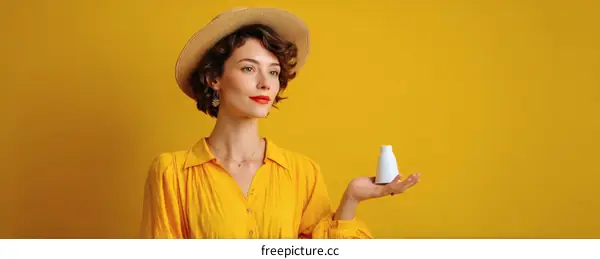 Woman in Yellow Dress Holding a White Bottle Against a Yellow Background