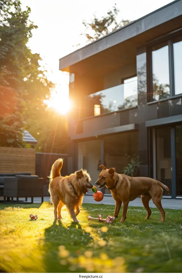 Two dogs playing fetch in the backyard of a modern house