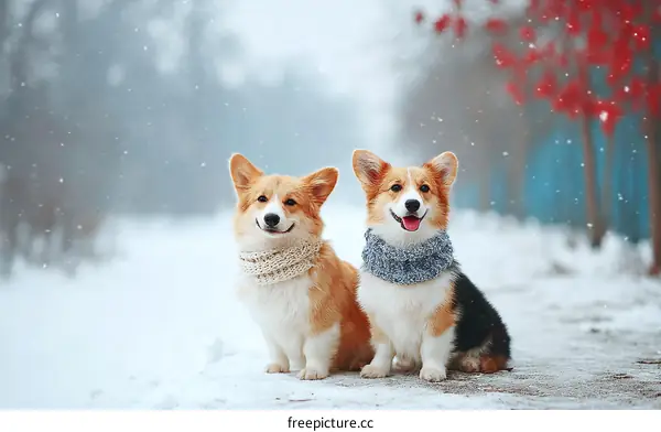 Two Pembroke Welsh Corgis in a Winter Wonderland