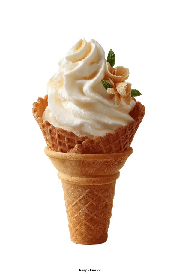 [Transparent Background PNG]Delicious Vanilla Soft Serve Ice Cream in Waffle Cone with Toppings
