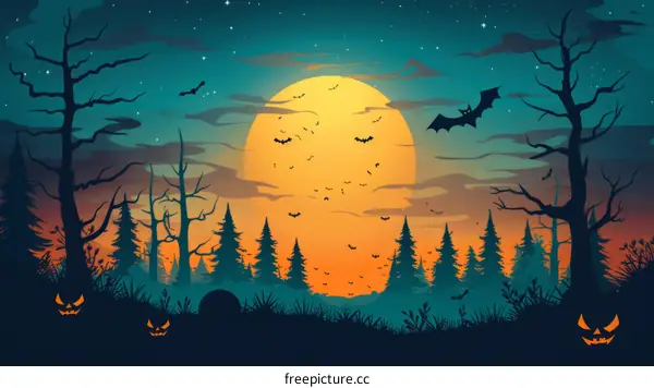 Bats flying in front of a full moon on Halloween night