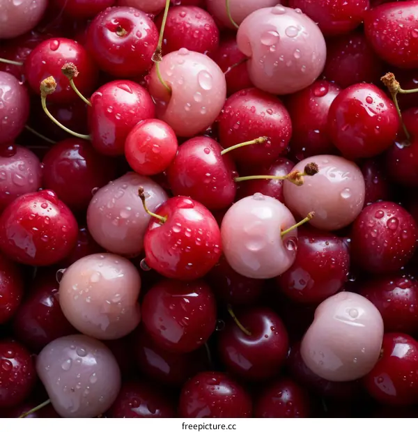 A close up of a bunch of wet cherries