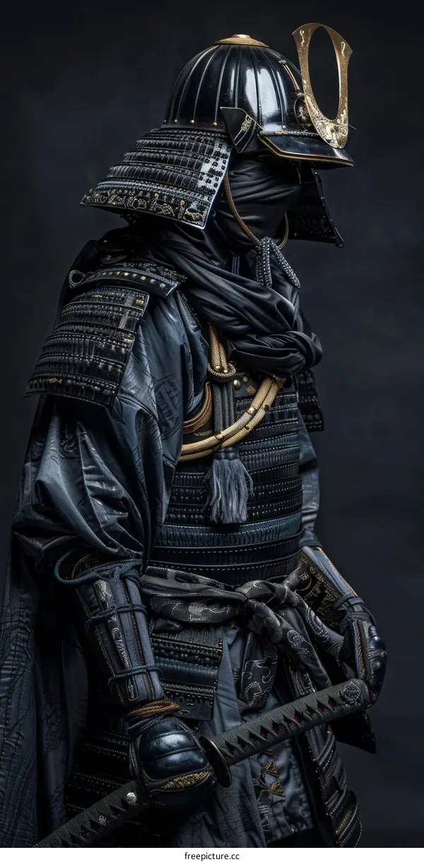 A samurai warrior dressed in black traditional armor and a black mask