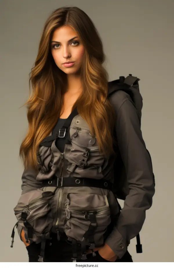 Portrait of a young woman wearing a tactical vest