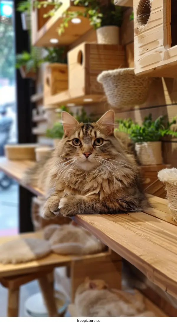 A ginger cat is sitting on a wooden shelf in a pet store
