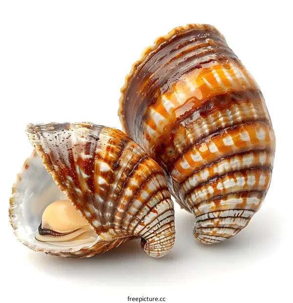 Two Brown and White Seashells on a White Background