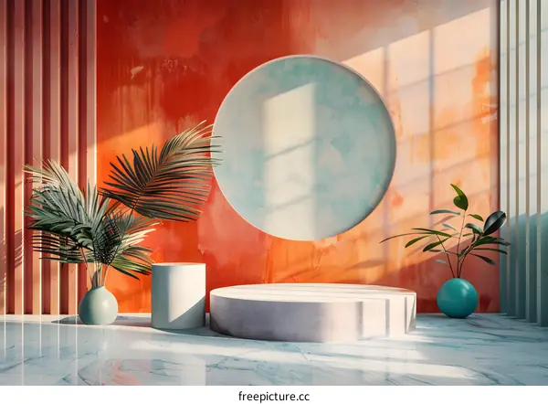 White Round Display Stand Against Red-Orange Geometric Background