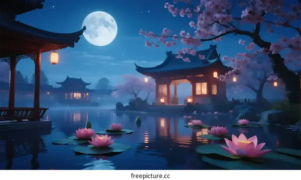 Beautiful Night Scene with Traditional Chinese Architecture and Pink Flowers