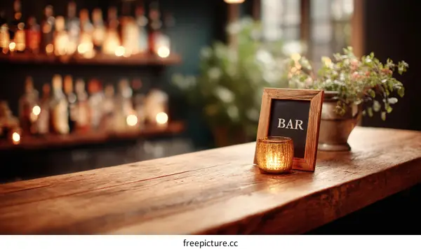 Rustic Wooden Bar Countertop with Bar Sign