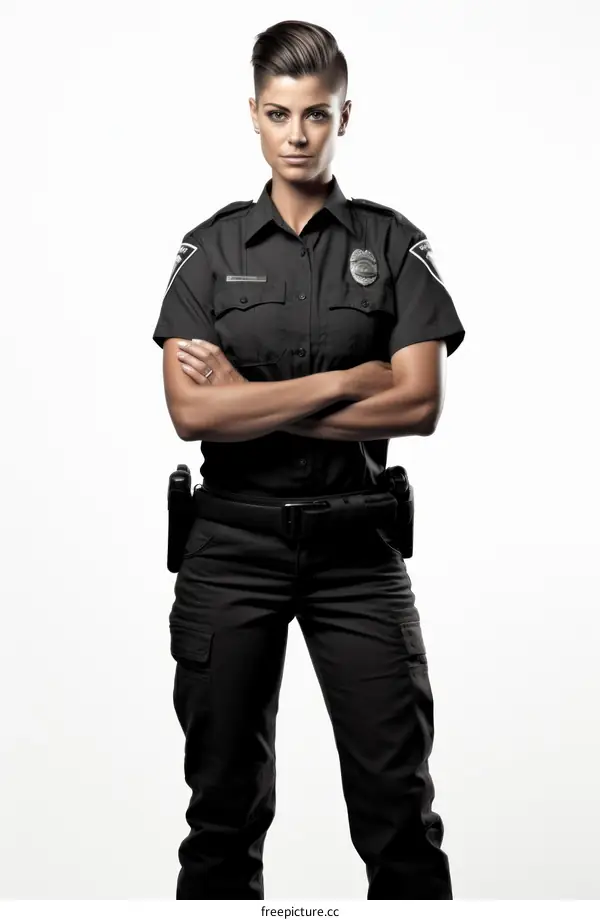 A policewoman with a gun and a badge