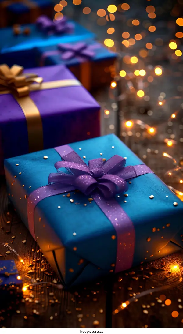Purple and Blue Gift Boxes with Gold and Purple Ribbons