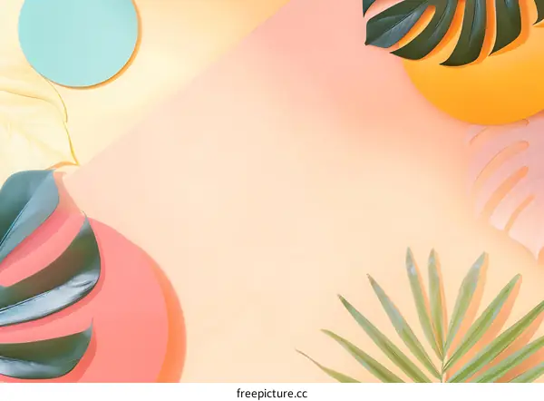 Tropical Leaves and Pastel Circles on a Peach Background