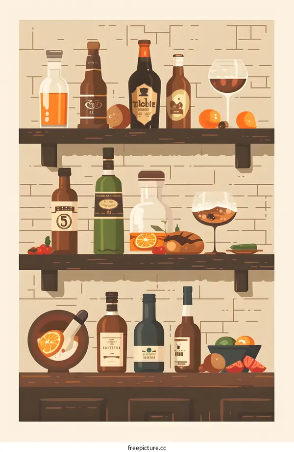 Bar Illustration With Bottles, Glassware, And Citrus Fruit