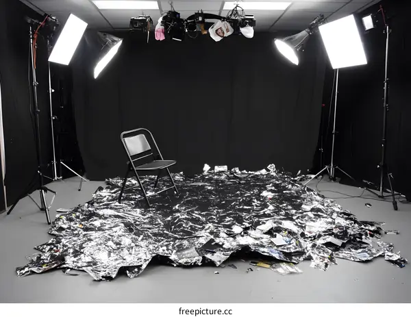 Black Backdrop Studio With Chair On Reflective Material