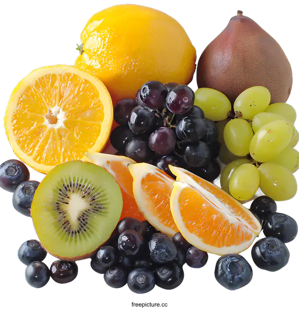 [Transparent Background PNG]Fresh Fruit Mix with Orange, Kiwi, Grapes and Blueberries