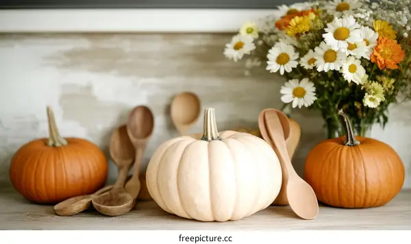Autumn Harvest Display with Pumpkins and Flowers
