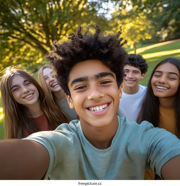 Group of Friends Smiling and Taking a Selfie in a Park