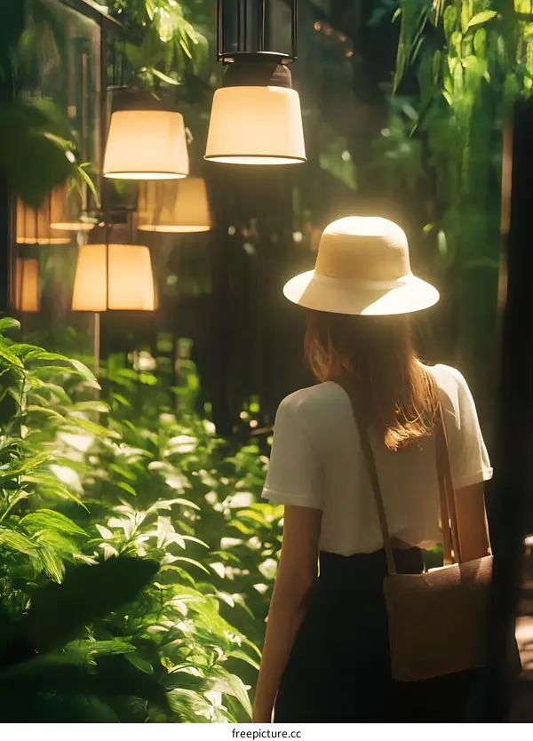 Woman in Hat Walking Through Green Garden