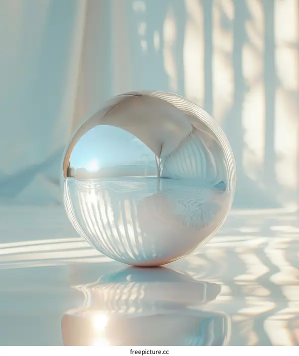 3D rendering of a shiny sphere reflecting a blue and white striped background