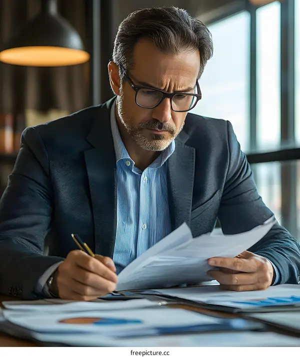 Serious Businessman Reviewing Documents at His Desk