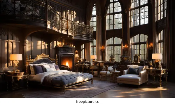 Ornate bedroom with fireplace and balcony