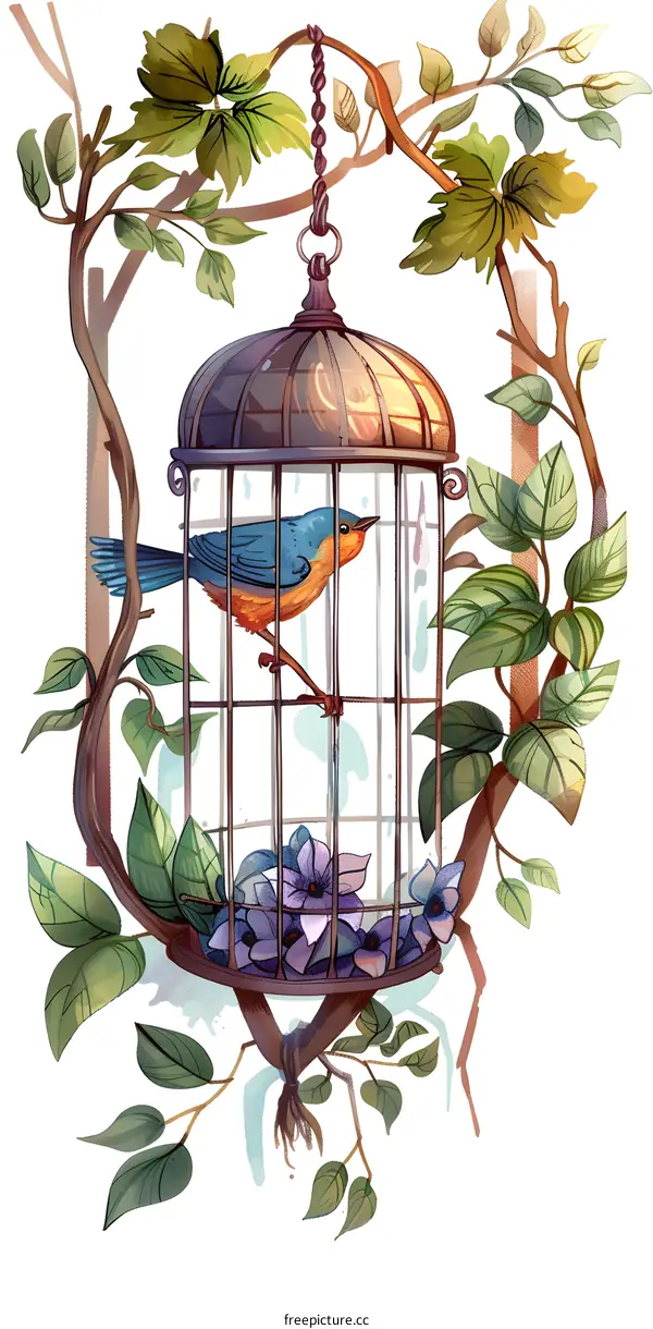 Bird in a Cage with Vines and Flowers
