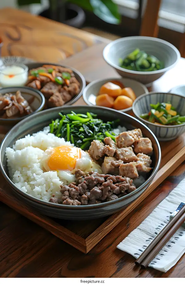 Korean Food Rice Bowl with Meat and Egg