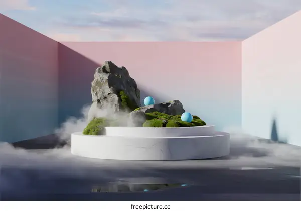 Minimalist surreal landscape with floating rocks and blue spheres
