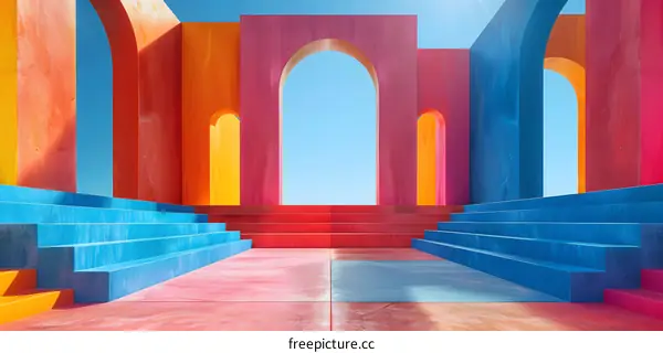 Colorful Abstract Archway with Blue Steps and Pink Floor