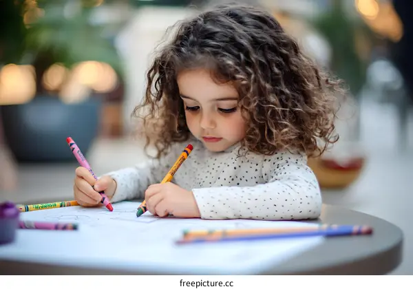 Little Girl Drawing With Crayons At A Table