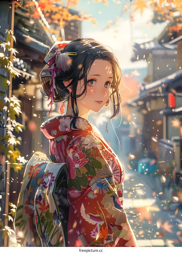 An anime style young woman wearing a kimono is walking in a traditional Japanese street with autumn leaves falling