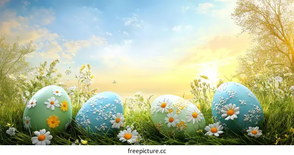 Easter Eggs in a Spring Meadow Sunrise