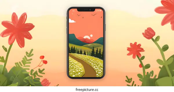 Mobile Phone Wallpaper With Flowers And Mountains Illustration