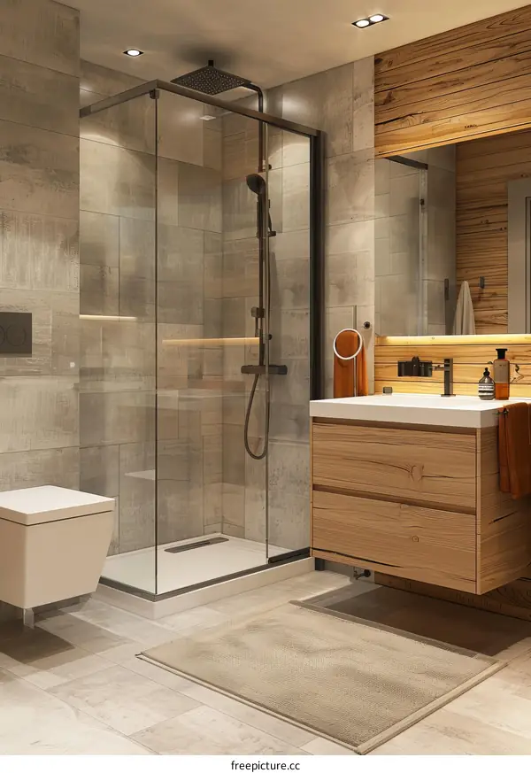 Modern Bathroom Interior Design with Wooden Elements and Grey Tiles