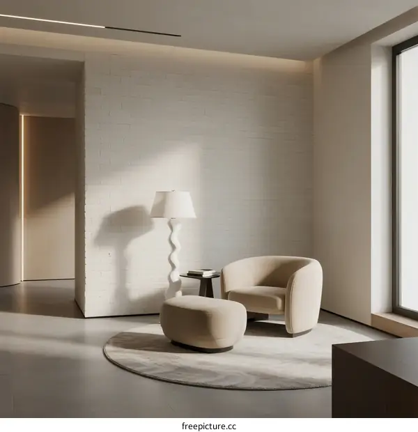 Modern minimalist living room with white brick wall and comfortable armchair