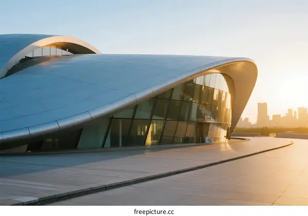 Modern Architectural Structure with Curved Roof and Glass Facade