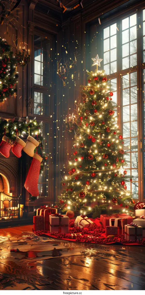 Christmas Tree Next to Fireplace with Gifts