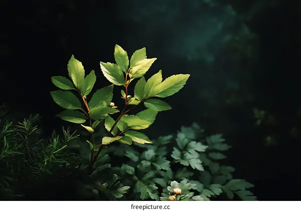 Close-up of Vivid Green Leaves in a Dark Background