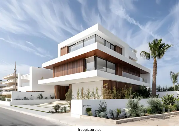 Modern White House with Wooden Accents and Palm Tree
