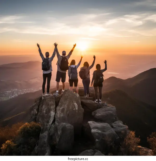 Five people standing on a rock with their arms in the air as the sun sets behind them