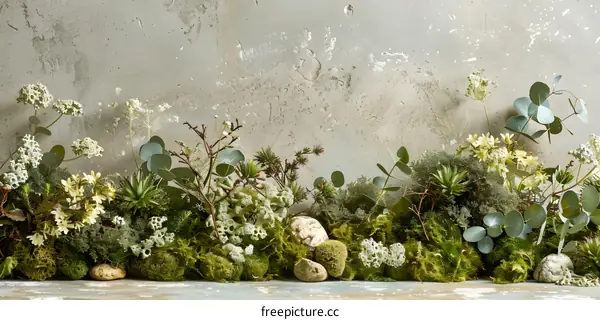 Green Floral Arrangement with Stone and Concrete Wall Background