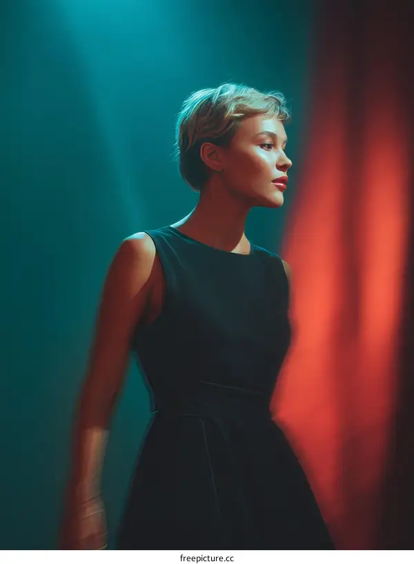 Stylish Woman in a Black Dress with Dramatic Lighting